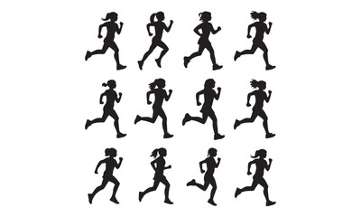 Collection of black silhouettes of women running, showcasing various strides and movements.