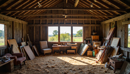 Obraz premium Dusty barn interior illuminated by morning sun, rustic tranquility