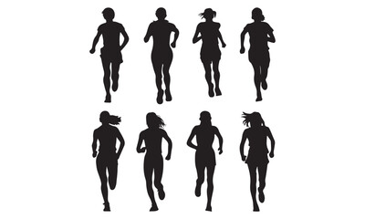 Collection of black silhouettes depicting women running in various athletic poses.