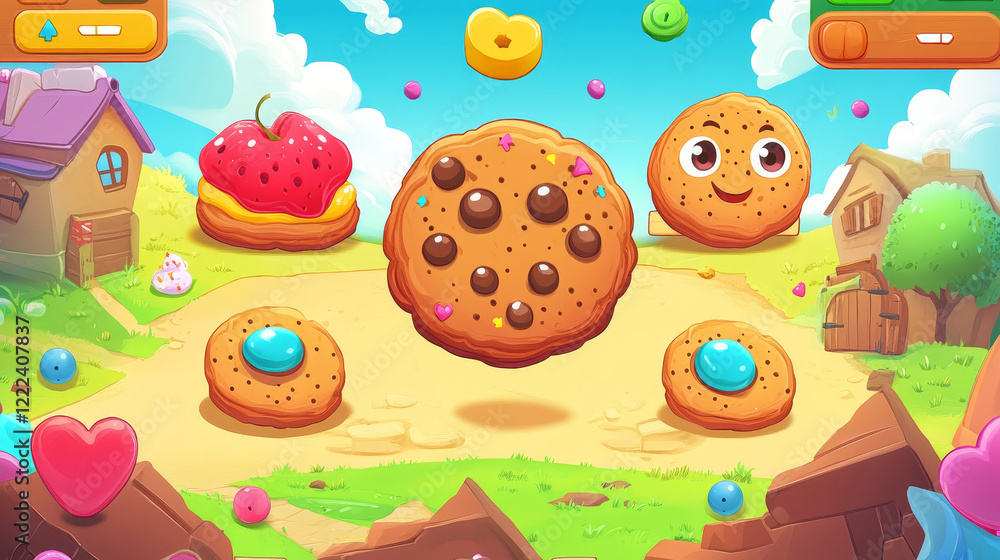 Poster cookie cracker game interface. ui game elements, including cartoon windows, options, settings plates