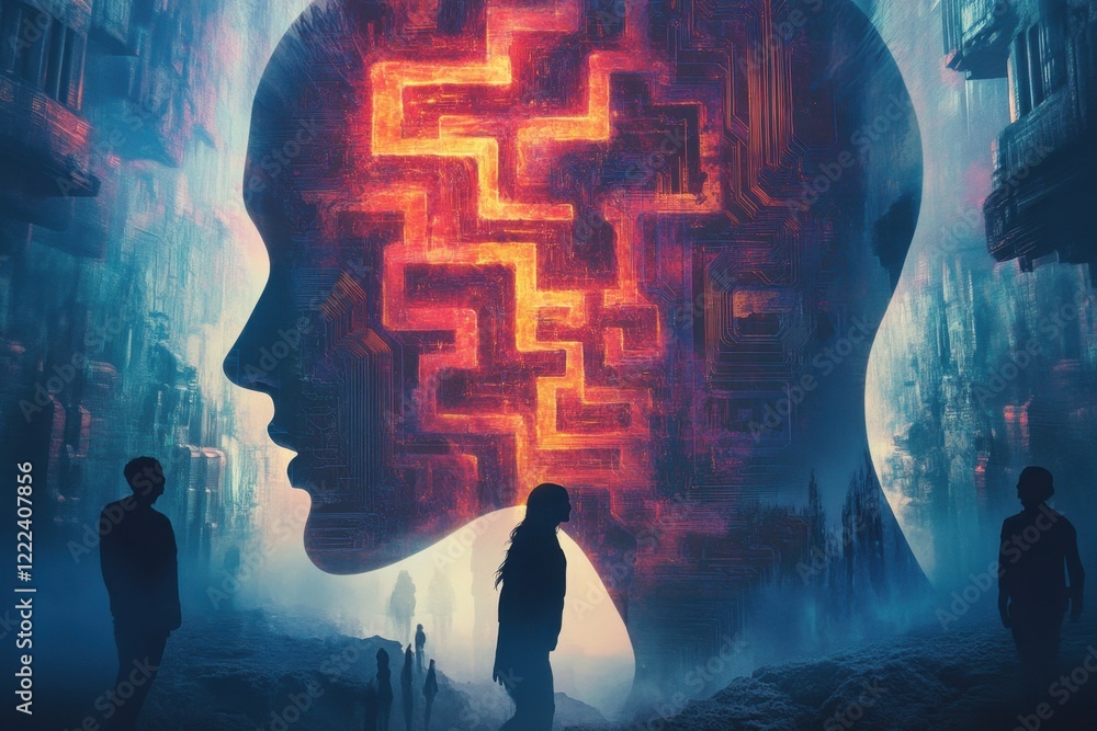 Poster a man is looking at a brain with a maze on it