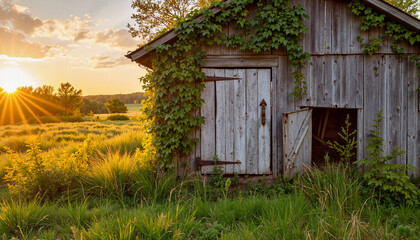 Weathered barn door surrounded by nature at golden hour, rural beauty