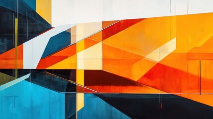 Fototapeta premium Abstract geometric painting with vibrant orange, yellow, and teal hues.