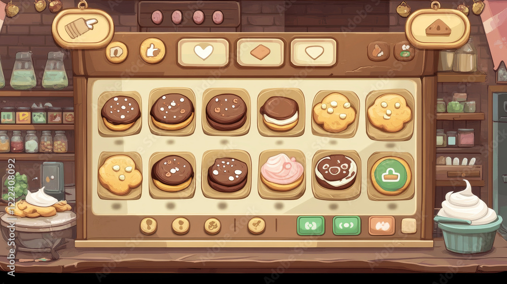 Poster cookie cracker game interface. ui game elements, including cartoon windows, options, settings plates