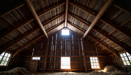 Abandoned barn interior showcasing intricate shadows and natural light, nostalgia