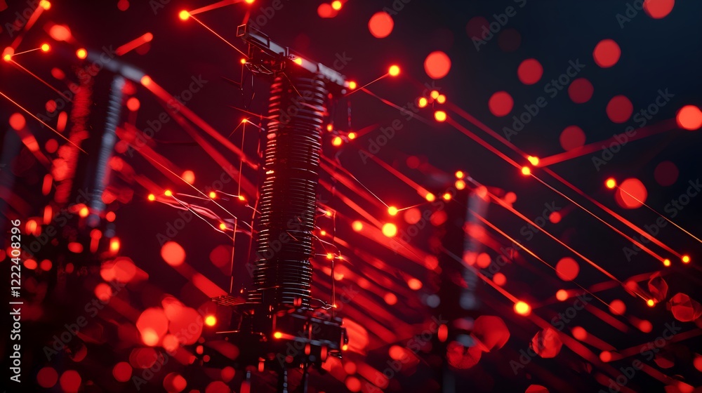 Poster red abstract technology background with glowing circuits and lights