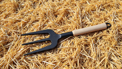 Obraz premium Bent pitchfork tines resting on straw, agricultural tools symbolism