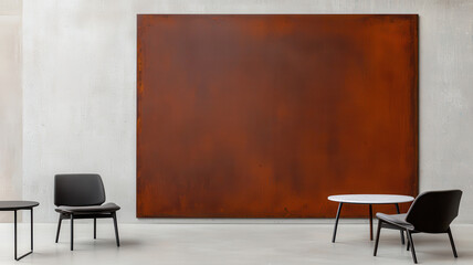 The Artistic Beauty of Rust in Sculptures and Decor Themed, modern interior featuring large rusted metal panel and minimalist furniture