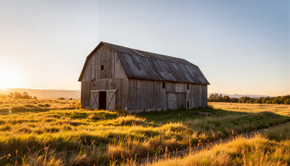 Obraz premium Abandoned barn in peaceful countryside at sunset, rural tranquility