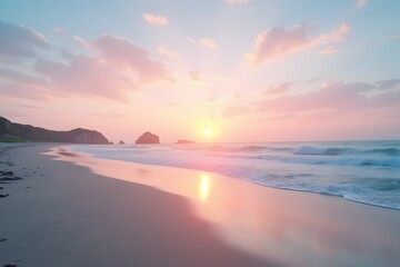 Obraz premium A beach during sunrise, with soft pastel colors spreading across the sky and water.