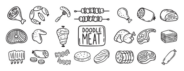 meat, pieces of meat and meat products doodle hand drawn icon set. Outline drawing meat products line clipart symbol collection