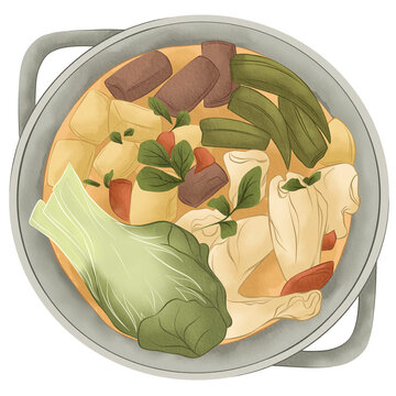 hand drawn illustration of filipino food sinigang soup, southeast asian food illustration, filipino food illustration