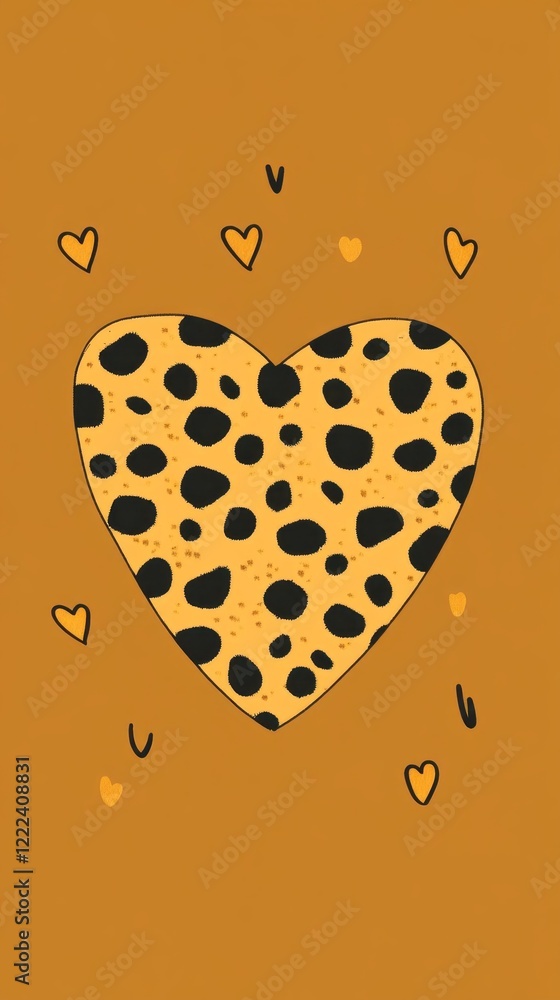 Poster A heart filled with bold leopard print showcases a playful design against a warm, solid backdrop. Surrounding hearts add a delightful touch, enhancing the lively ambiance