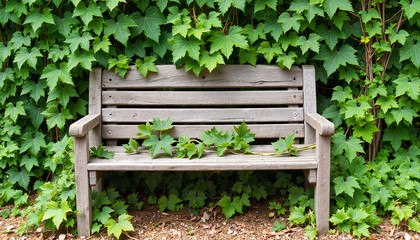 Naklejka premium Weathered bench covered in vines amidst lush greenery, nature's serenity