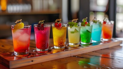 A vibrant cocktail flight, showcasing a spectrum of flavors and hues arranged on a wooden paddle with tasting notes 2