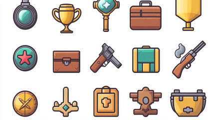 Game icons travel diary, lightning flash and carbine, golden cup and first aid kit. Gift box, gold silver and bronze money coins, compass and hourglass, bomb. Cartoon vector gui set