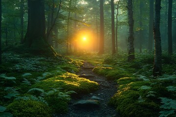 Obraz premium A mystical forest path illuminated by the golden rays of dawn