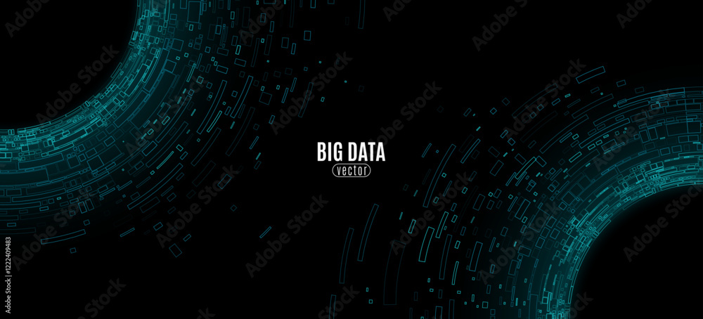 Poster big data visualization into cyberspace. swirling digital circles of blue web fragments. abstract fut
