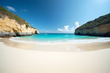 Fototapeta premium A deserted beach with fine white sand, turquoise water, and surrounding cliffs.