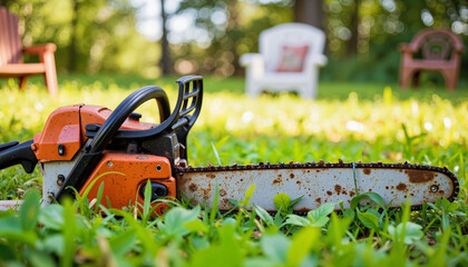 Rusty chainsaw resting on overgrown lawn, forgotten relic of nature
