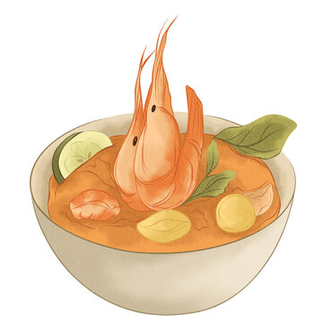 hand drawn illustration of thai food tom yam, southeast asian food illustration, thai food illustration