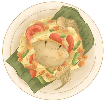 hand drawn illustration of thai food som tam, southeast asian food illustration, thai food illustration