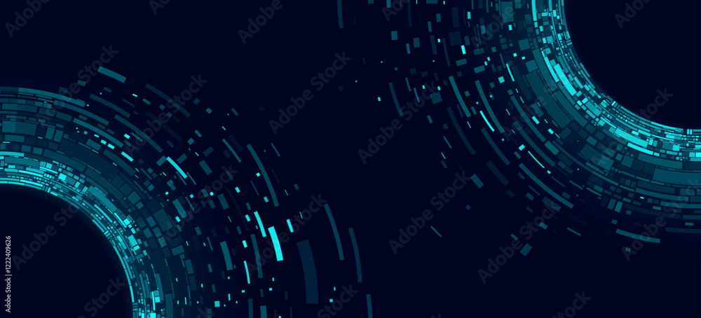 Poster big data visualization into cyberspace. swirling digital circles of blue web fragments. futuristic b