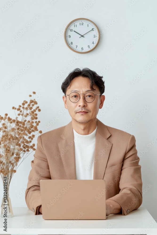 Poster digital efficiency in modern offices south korean businessman in tailored suit utilizing minimalist 