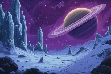 alien world landscape with crystalline ice formations, massive ringed gas giant dominating purple sky, sci-fi concept art style