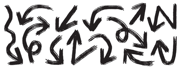 bold brush arrows set. marker hand drawn arrows collection, doodle thick arrows different directions.