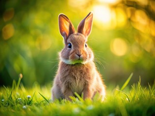 Fototapeta premium A sweet bunny nibbles clover amidst lush spring grass, a picture of springtime joy.