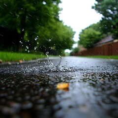 Fototapeta premium Raindrops Splashing on Wet Asphalt Road in a Lush Green Setting