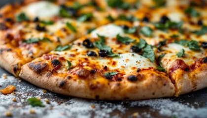 Delicious pizza with mozzarella olives and fresh basil close up view