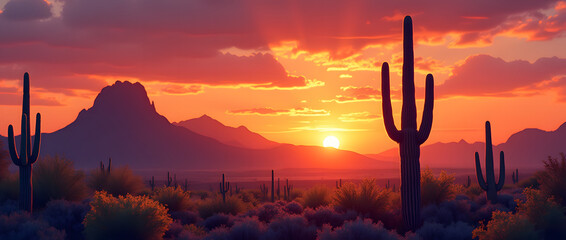 A majestic Sahara cactus stands against a vibrant sunset, with red mountains and desert flora creating a tranquil Sonoran landscape.