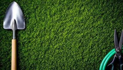 An assortment of gardening tools and colorful flowers on grass, embodying a fresh gardening concept in a picturesque scene