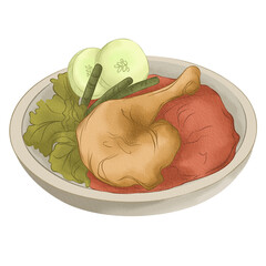 hand drawn illustration of indonesian food fried chicken, southeast asian food illustration, indonesian food illustration