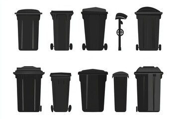 Collection of Various Black Garbage Bins, Modern Urban Waste Management Illustration