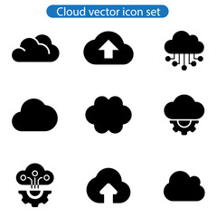 Set of line icons related to cloud vector art icon set, cloud services, server, cyber security, digital transformation.  Editable stroke. Vector on white background.