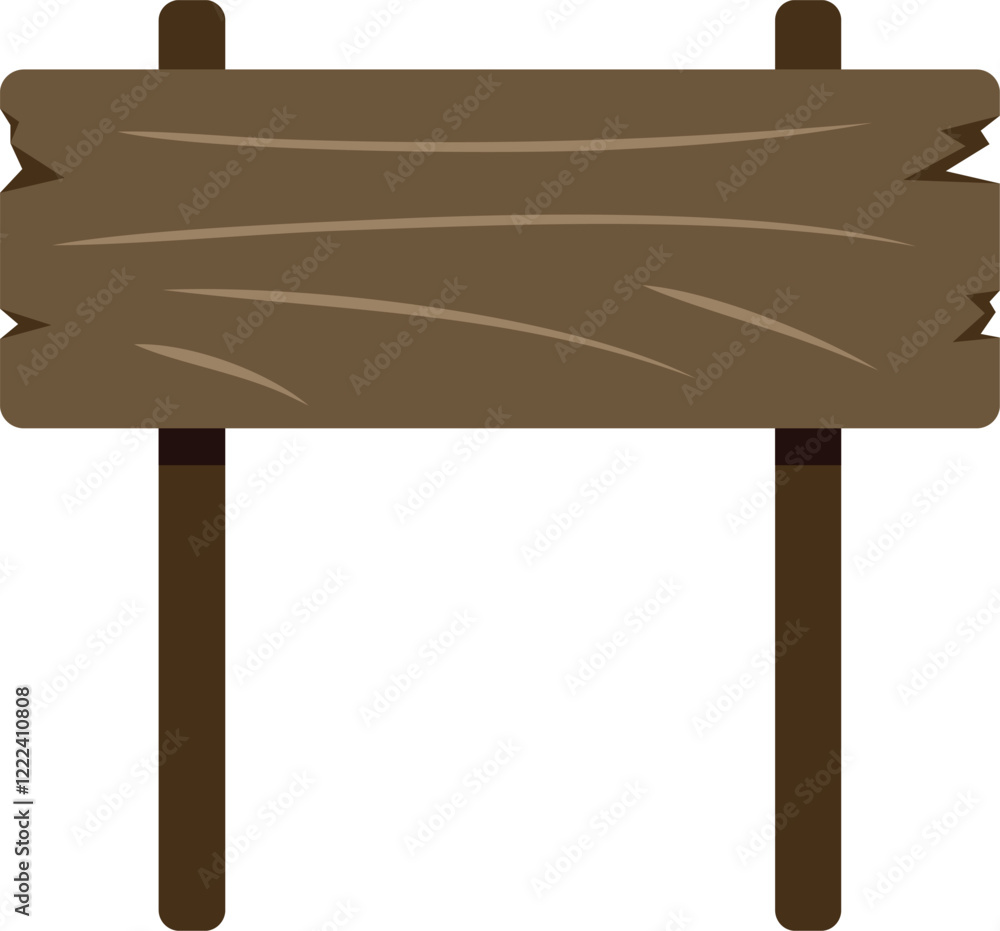 Poster weathered wooden plank sign standing on two poles, perfect for displaying messages in a rustic setti