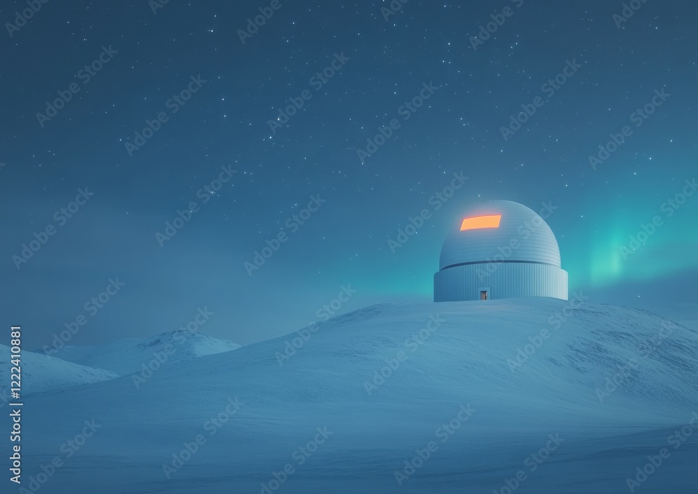 Poster celestial observatory illuminated dome with starry sky and auroras - astronomical content and futuri