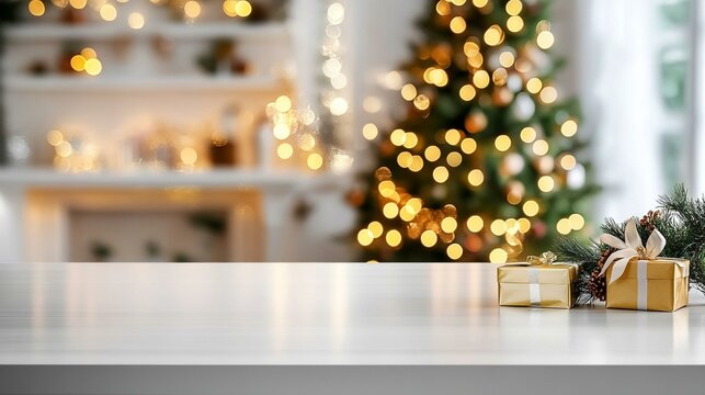 The product mockup features a mesmerizing display of blurred Christmas tree lights illuminating a crisp white tabletop.