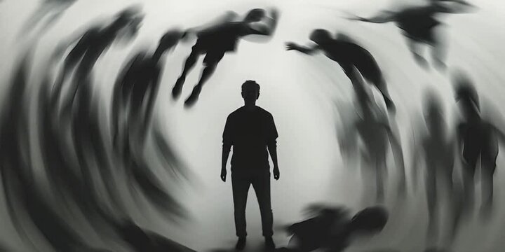 A anxious man surrounded by blurry silhouettes moving around them at dizzying speed in black and white. Psychology, solitude, fear, overwhelmed or mental health problems concept. Near death experience