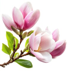 Fototapeta premium Magnolia flowers and bud blooming on a branch with green leaves isolated on white background