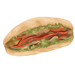 hand drawn illustration of vietnamese food banh mi, southeast asian food illustration, food illustration