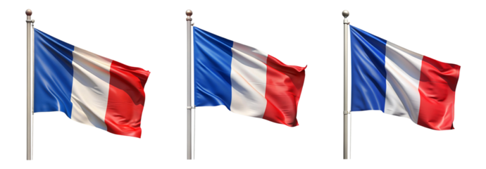 National flag of France waving on a flagpole isolated on transparent background	