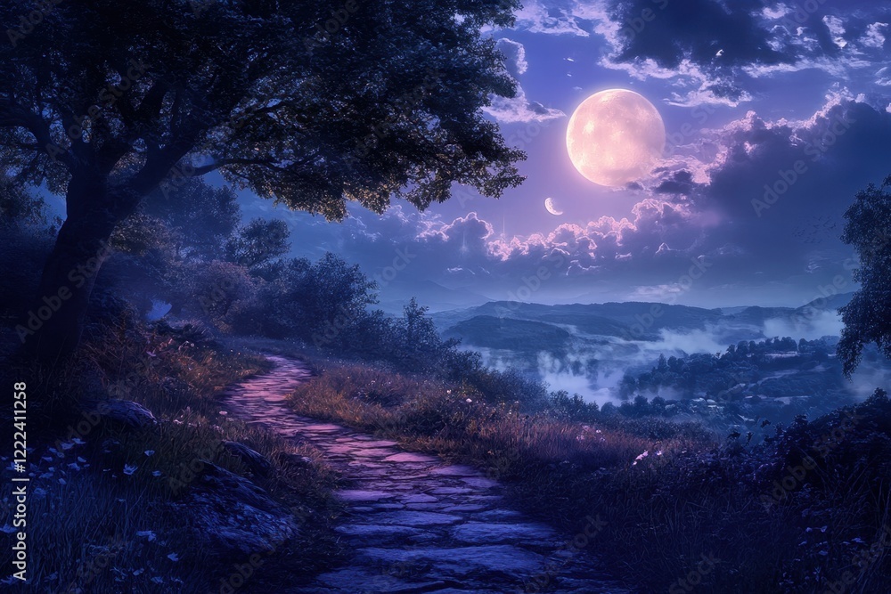 Poster a moonlit forest with a path leading to a tree