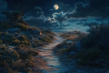 A moonlit night with a path through a field of grass
