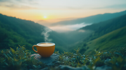 Sunrise Tea: A steaming cup of tea sits on a rock overlooking a breathtaking mountain valley, as the sun rises over a misty landscape. A perfect moment of peace and tranquility. 