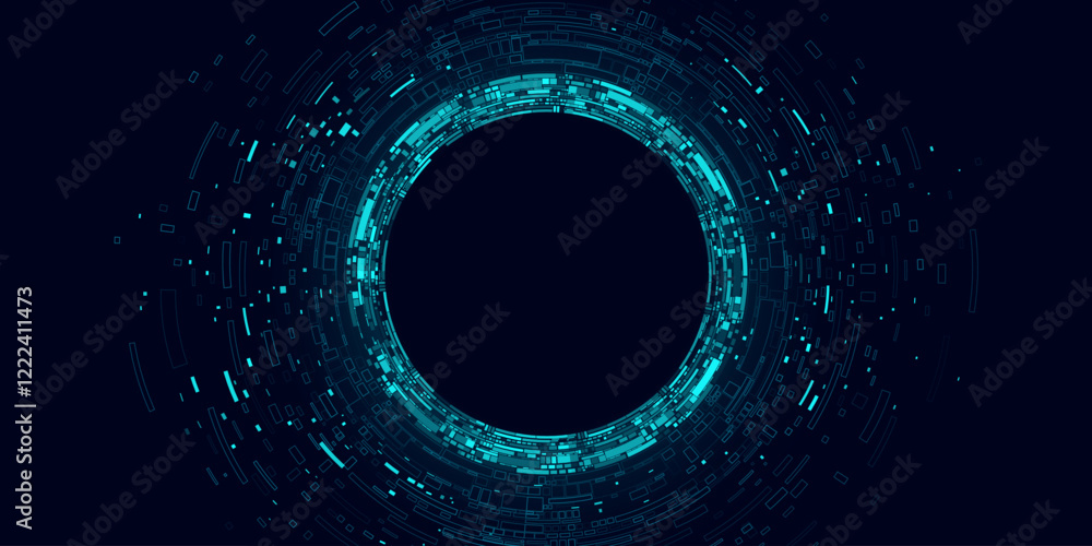 Poster big data visualization into cyberspace. digital circles of random web fragments. information particl