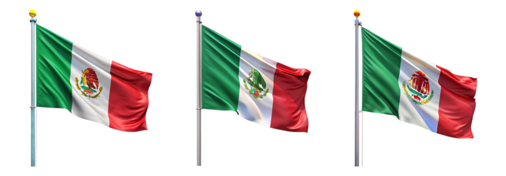 National flag of Mexico waving on a flagpole isolated on transparent background